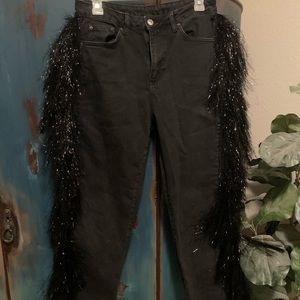 top shop faded black jeans with tinsel fringe